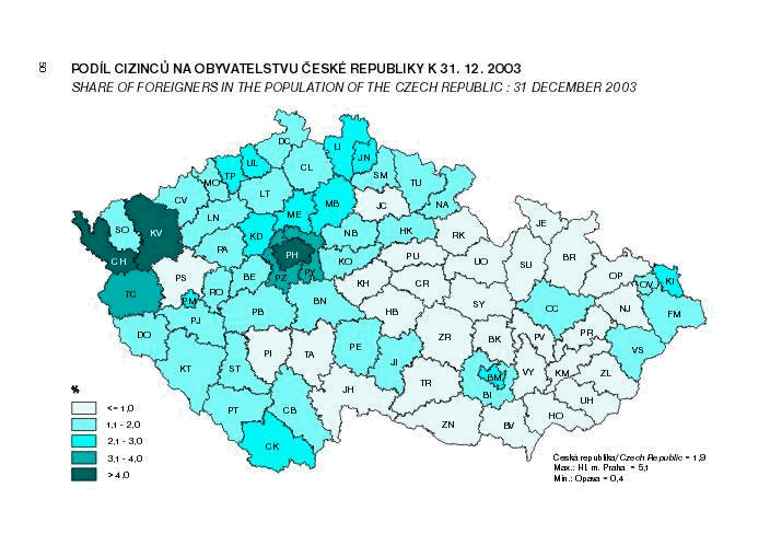 Kart. 1 Podíl cizinců na obyvatelstvu České republiky k 31. 12. 2003